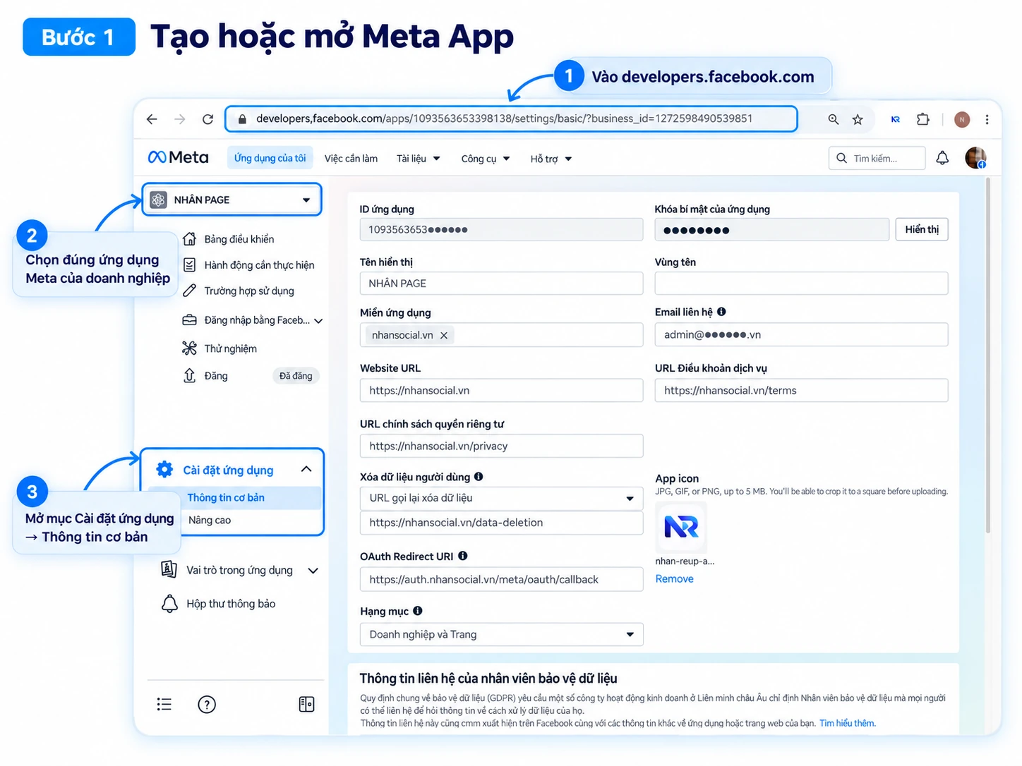 Tạo hoặc mở ứng dụng Meta for Developers