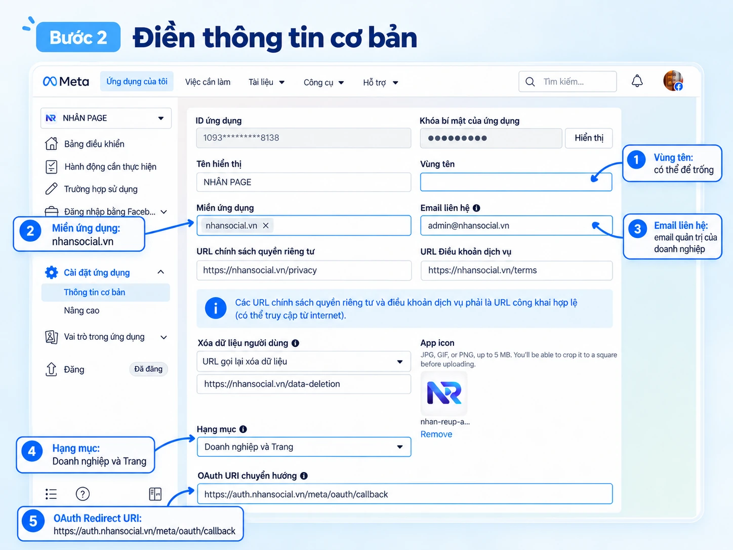 Điền thông tin cơ bản của Meta App
