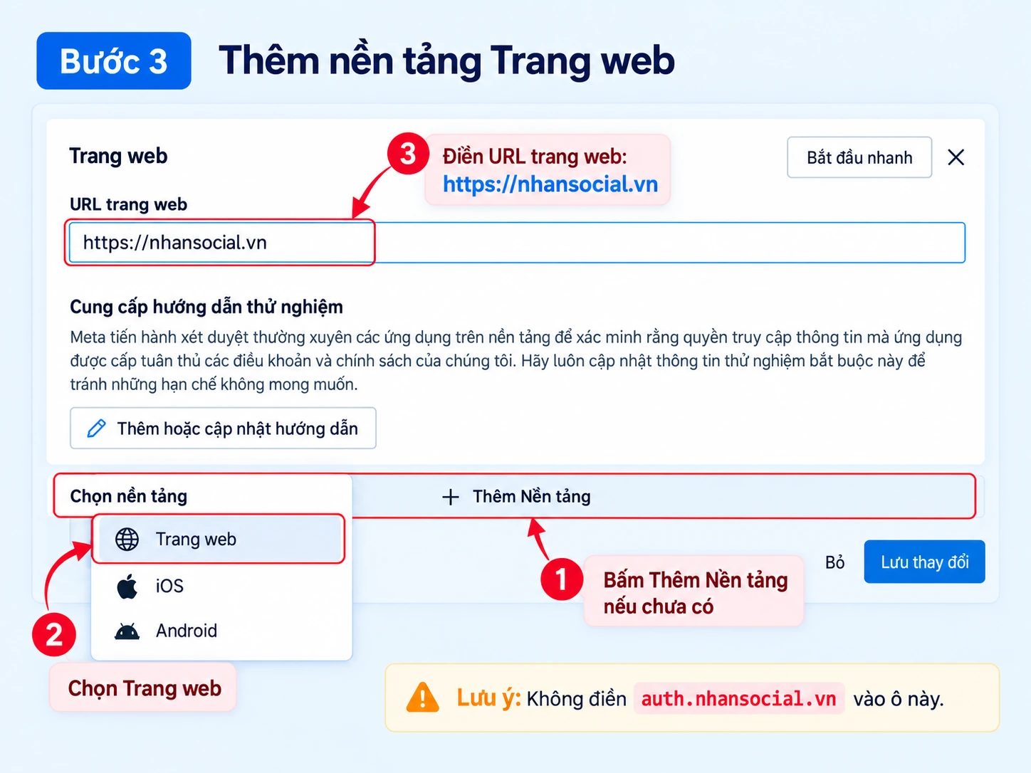 Thêm nền tảng Trang web Website URL