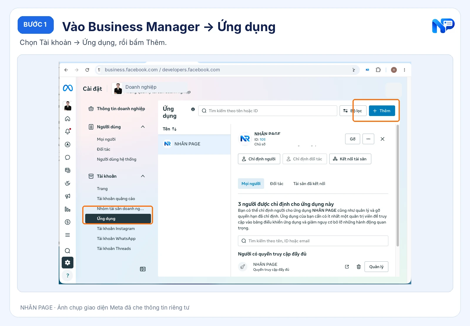 Vào Business Manager → Ứng dụng