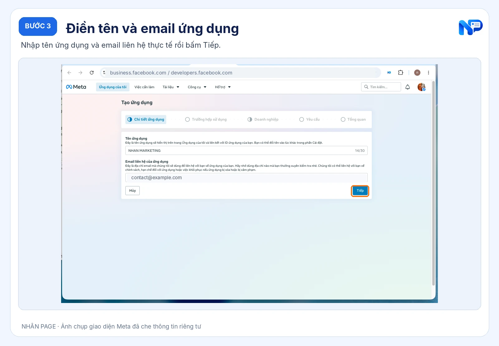 Điền tên và email ứng dụng