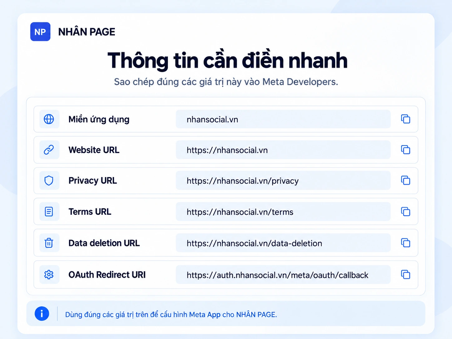 Thông tin cần điền nhanh cho Meta App